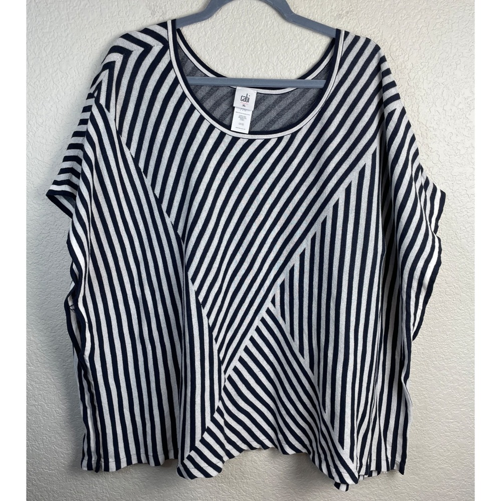 CABI Poncho‎ Pullover Top Womens XL Blue Striped Nautical Beachy Coastal Cotton